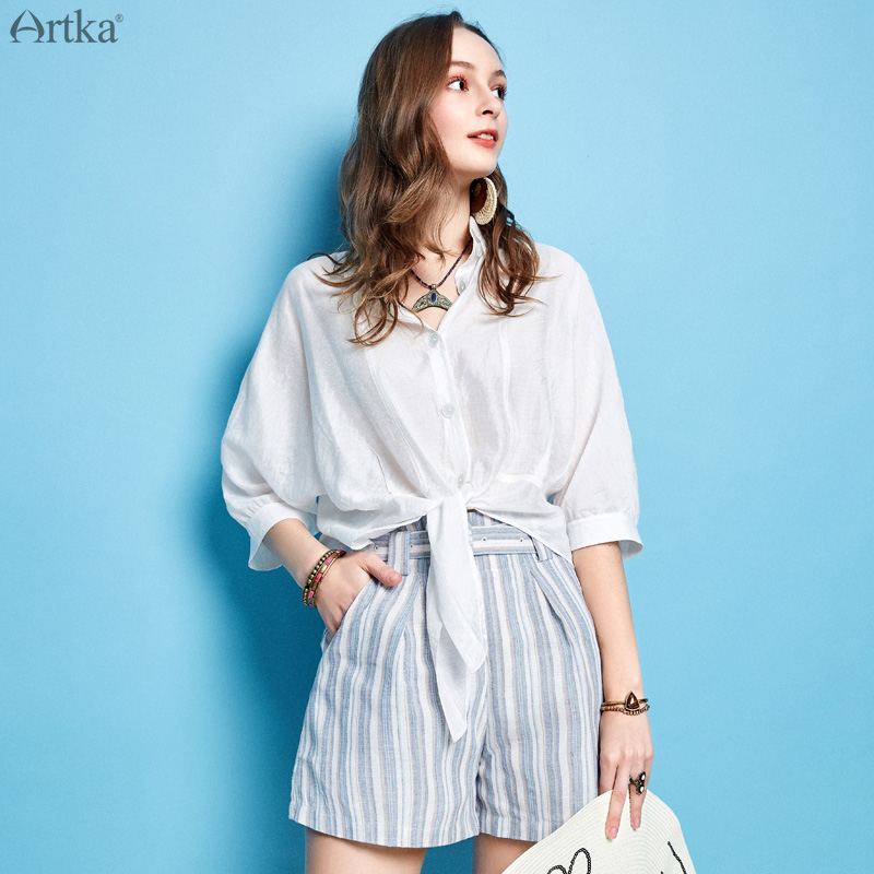 Artka sommer kvinder hvid skjorte afslappet speciel løs kort skjorte turn-down krave nylon bluse  sa10096c