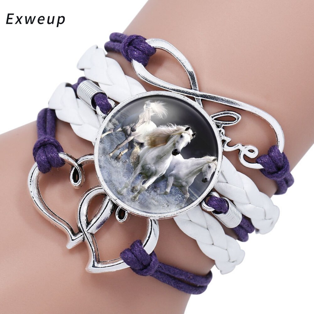 Exweup Vintage Horse Pattern Black Leather Bracelets Bangles Love letter Crystal Gem stone Bracelets Women Bangle Wristbands