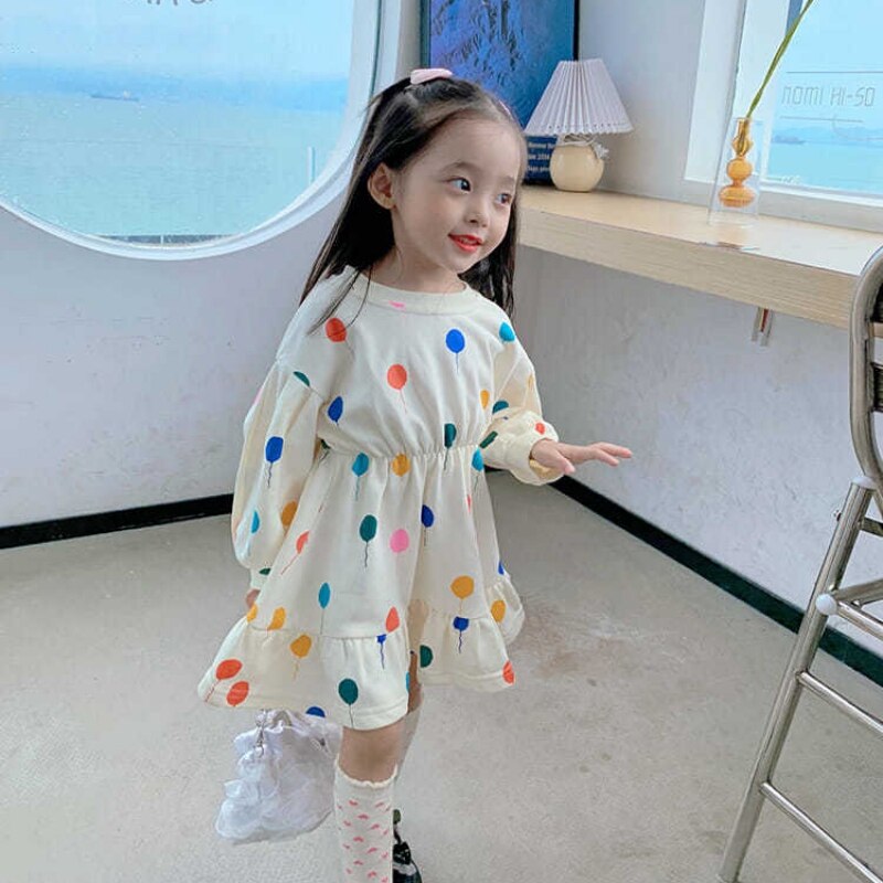 Girl Dot Print Princess Dress Autumn Spring Sweatshirts Long Sleeve Dress Puff Sleeve Cute Casual Dress Kids Children Clothing