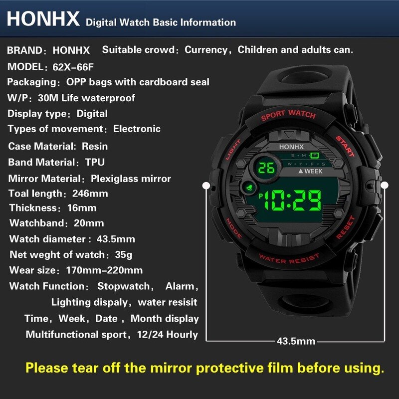 HONHX – montre électronique de luxe pour hommes, affichage numérique LED, Date Sport, pour l'extérieur