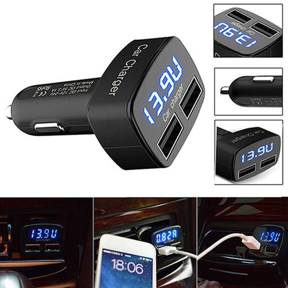 4- -in- -1- doppel-usb-autoladegerät mit digitaler led-anzeige  dc 5v 3.1a universaladapter mit spannungs-, temperatur- und strommessgerät