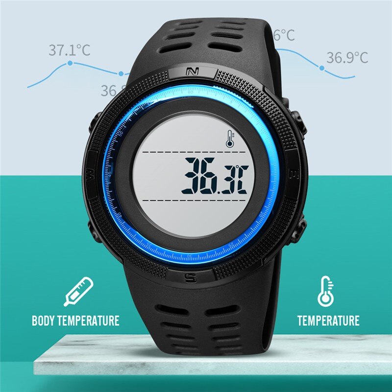 Skmei led digitale menn sport klokker kroppstemperatur måle vanntett langt batteri vekkerklokke lysende led sunn mannlig sport
