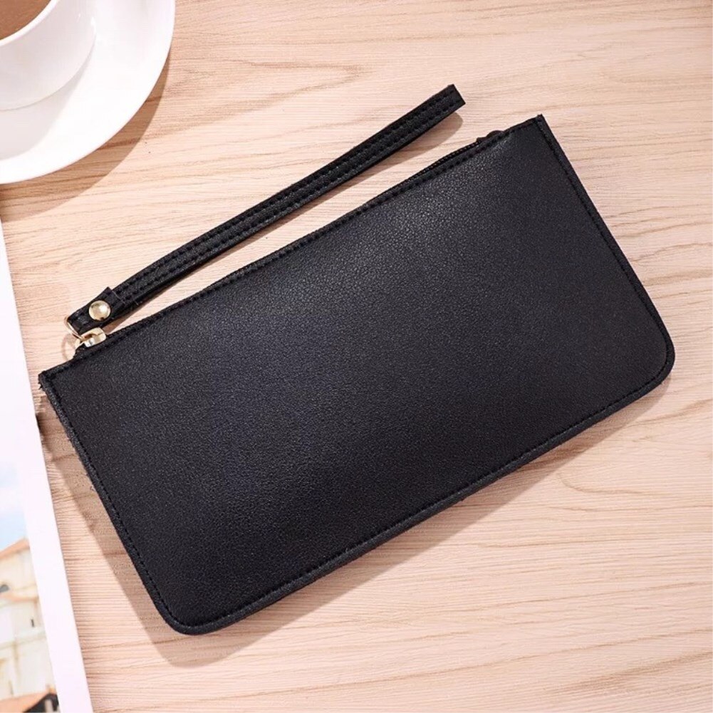 6 Kleuren Vrouwen Lederen Zip Clutch Portemonnee Dames Lange Purse Bag Handtas Kaarthouder: Black