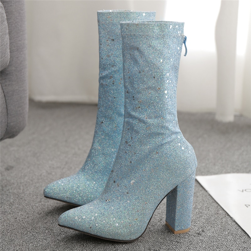 Herfst Winter Vrouwen Bling Enkellaarsjes Cinderella Blauw Vierkant Hoge Hakken Glitter Chelsea Enkellaars Lovertjes Bruiloft Schoenen