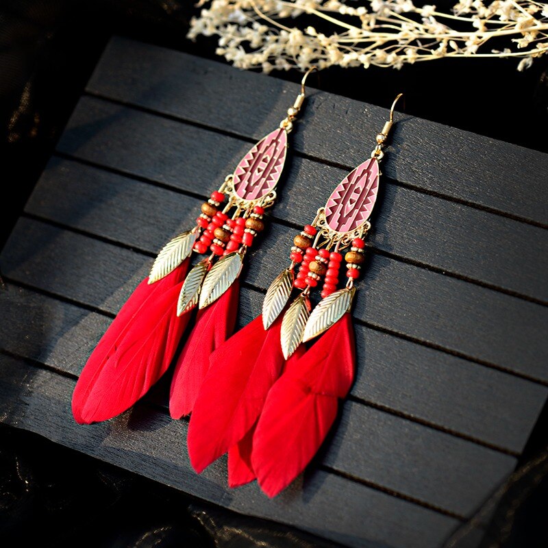 Pendientes de borla de plumas bohemias para mujer, aretes de gota de agua Vintage, joyería India Bohemia Kolczyki