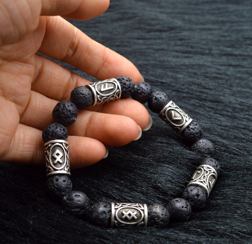 Retro Lava stone Beads Viking rune Alloy Bracelet For Men Women Bangle Jewelry