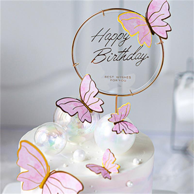 10pcs Cake Toppers Decoration Handmade Painted Pink Butterfly Topper For Wedding Birthday Party Baby Shower Baking Supplies
