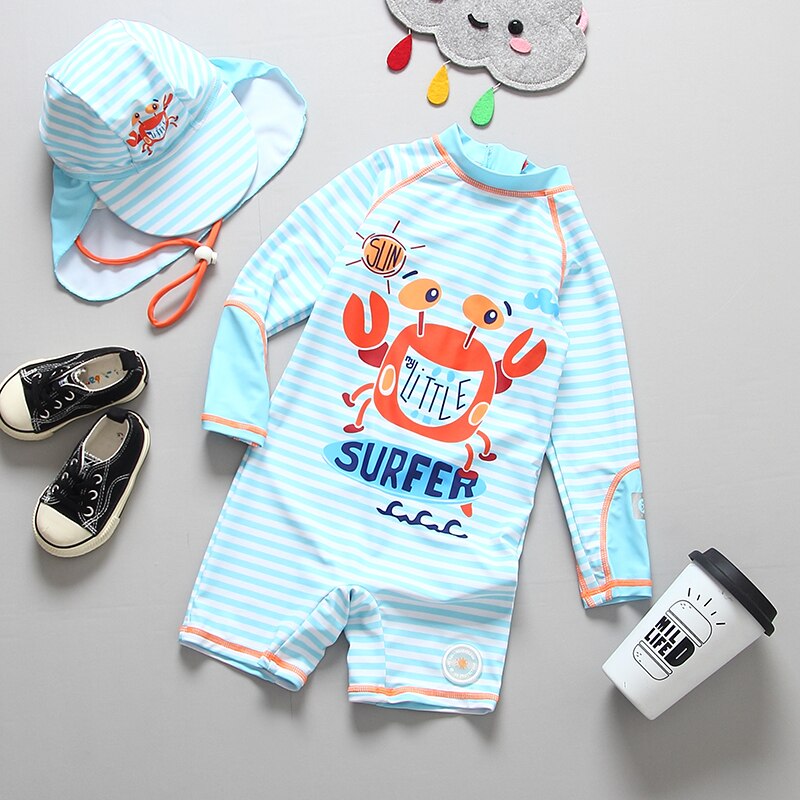 Swimwear Boys Long Sleeve Baby Swimming Suit Cartoon Crab Print UPF 50 UV Protection Children Swimsuit One Piece with Sun Cap: 120