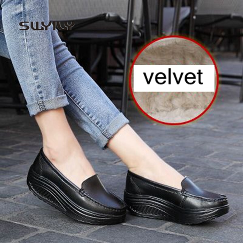 SWYIVY Women Winter Warm Shoes Plus Velvet Lady Toning Swing Shoes Wedge Leather Height Increasing Female Slimming Shoe