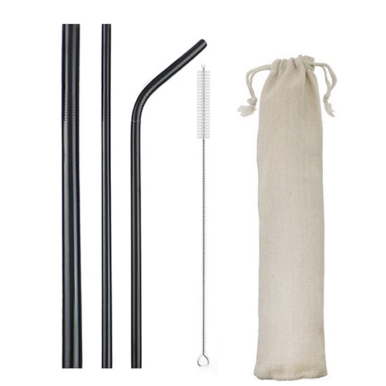 Konco Metal Straws Stainless steel reusable Straw Tea Coffee drinking Straws with clean brush Portable straw bags: balck