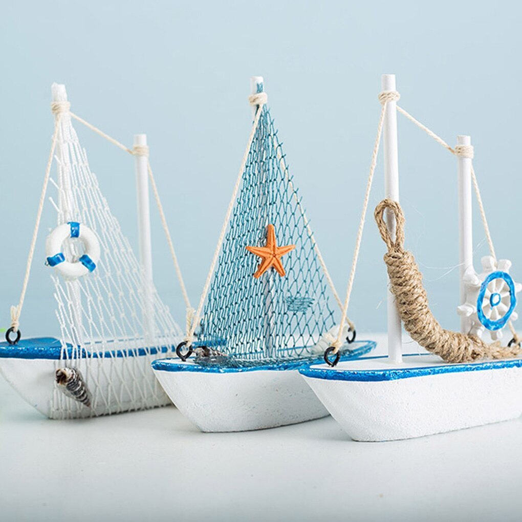 1pc mini middelhavsstil marine nautisk træ blå sejlbåd skib træ håndværk ornamenter festlokale boligindretning
