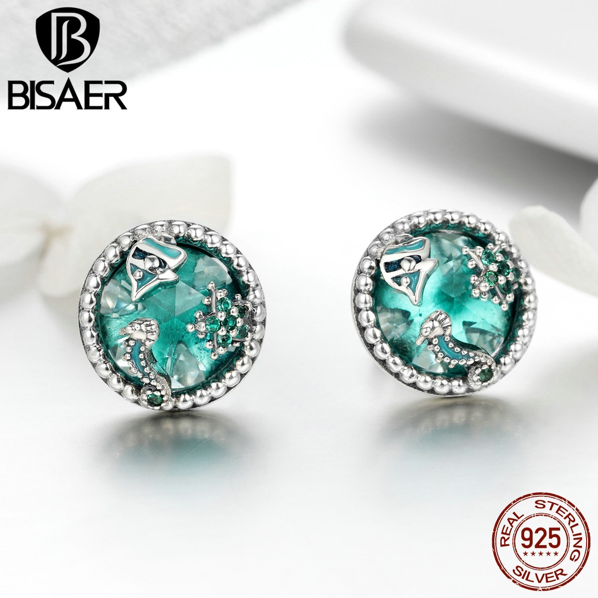 Bisaer Brincos 925 Sterling Silver Ocean Fish Stud Oorbellen Voor Vrouwen Tropische Vissen Ronde Zilveren Oorbellen Sieraden Bijoux ECE496