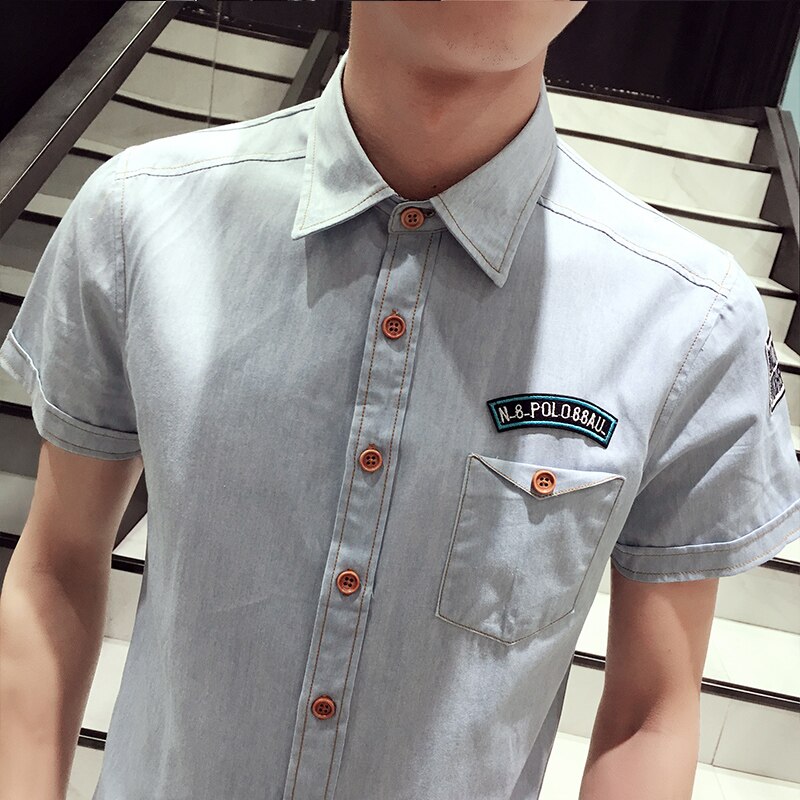 Jeansskjorta herr sommarstil kortärmad fritidsskjorta smal bomull camisa social masculina storlek 3xl