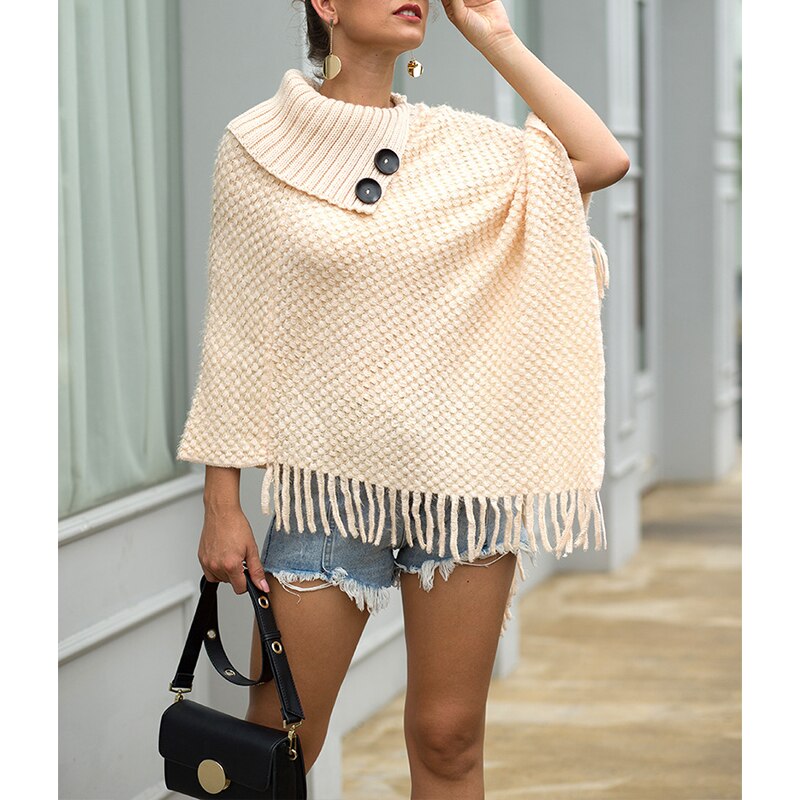 Winter Gebreide Poncho Capes Kwasten Effen Sjaal Trui Poncho Jas Onregelmatige Lange Mouwen Vrouwelijke Capes