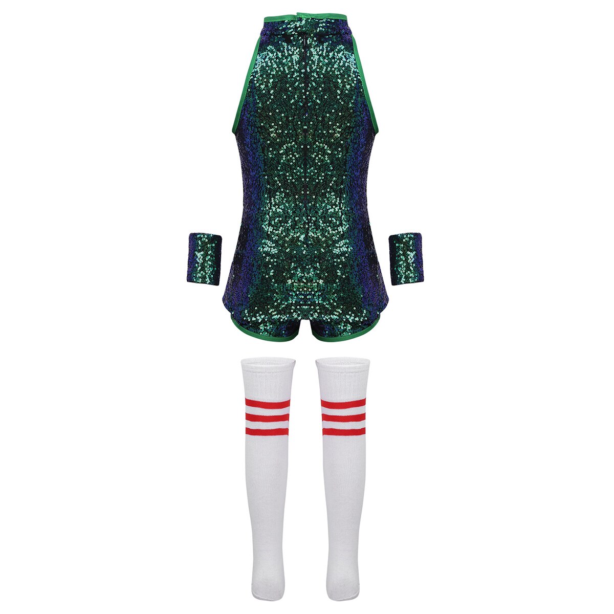 Ragazze dei capretti Cheerlearleading Costumi Shiny Paillettes Magliette E Camicette con Shorts Da Polso-Maniche A Righe e Calzini E Calzettoni Set Cheerleader Vestiti