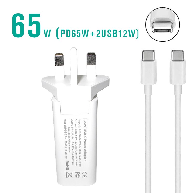 65W Usb Type C Pd Power Adapter Snelle Opladen Qc 3.0 Oplader Voor Macbook Lenovo Asus Laptop Telefoon Power supply Adapter: White-UK