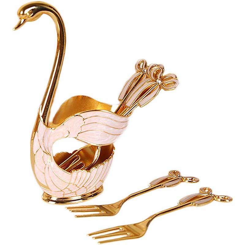 Elegante Zwaan Base Houder Lepels Set Koffie Fruit Dessert Bestek Servies Voor Thuis Decoratie 6 Lepels + 1 Zwaan: Golden
