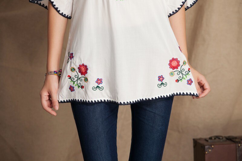 Folkstil sommar stor storlek kvinnor bomull utsökt broderi blus skjorta mammablus