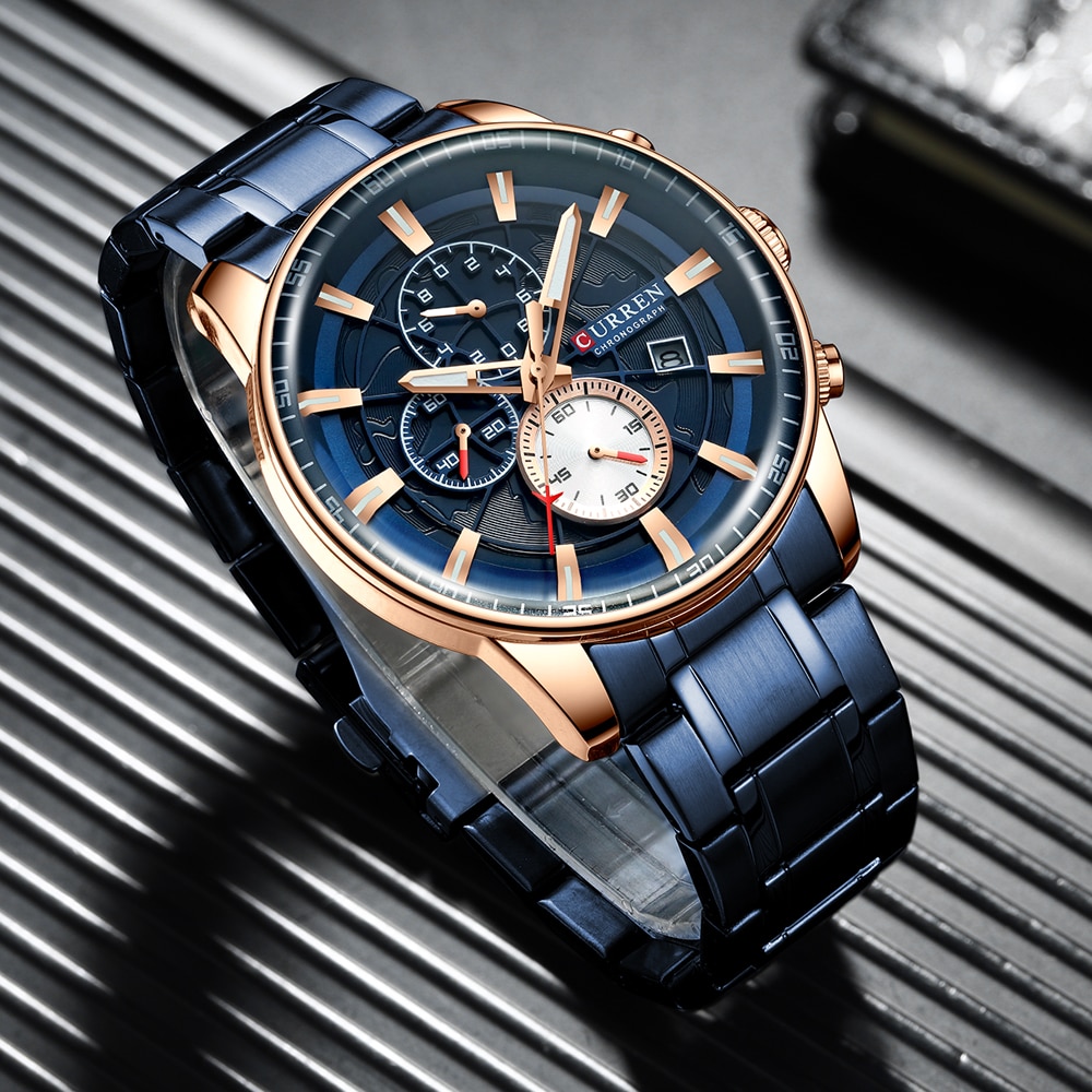 Curren Horloges Heren Mode Sport Horloge Met Chronograaf Lichtgevende Handen Klok Mannelijke Horloge Blauw Rvs Band