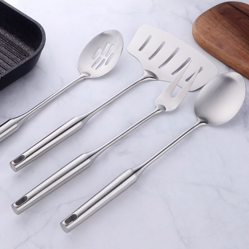 1/4 pcs Rose Gold Kitchen Accessories Gold Matt Utensil Stainless Steel kitchenware Long Service Spoon Fork Fish Cooking Tool: Silver-4pcs