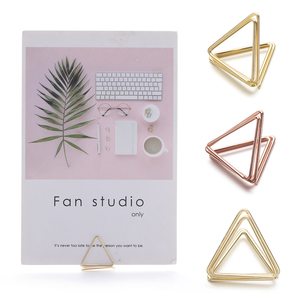 1Pcs Gouden Driehoek Vorm Foto Houder Stands Tafel Nummer Houders Plaats Kaart Papier Menu Clips Voor Wedding Party Decor