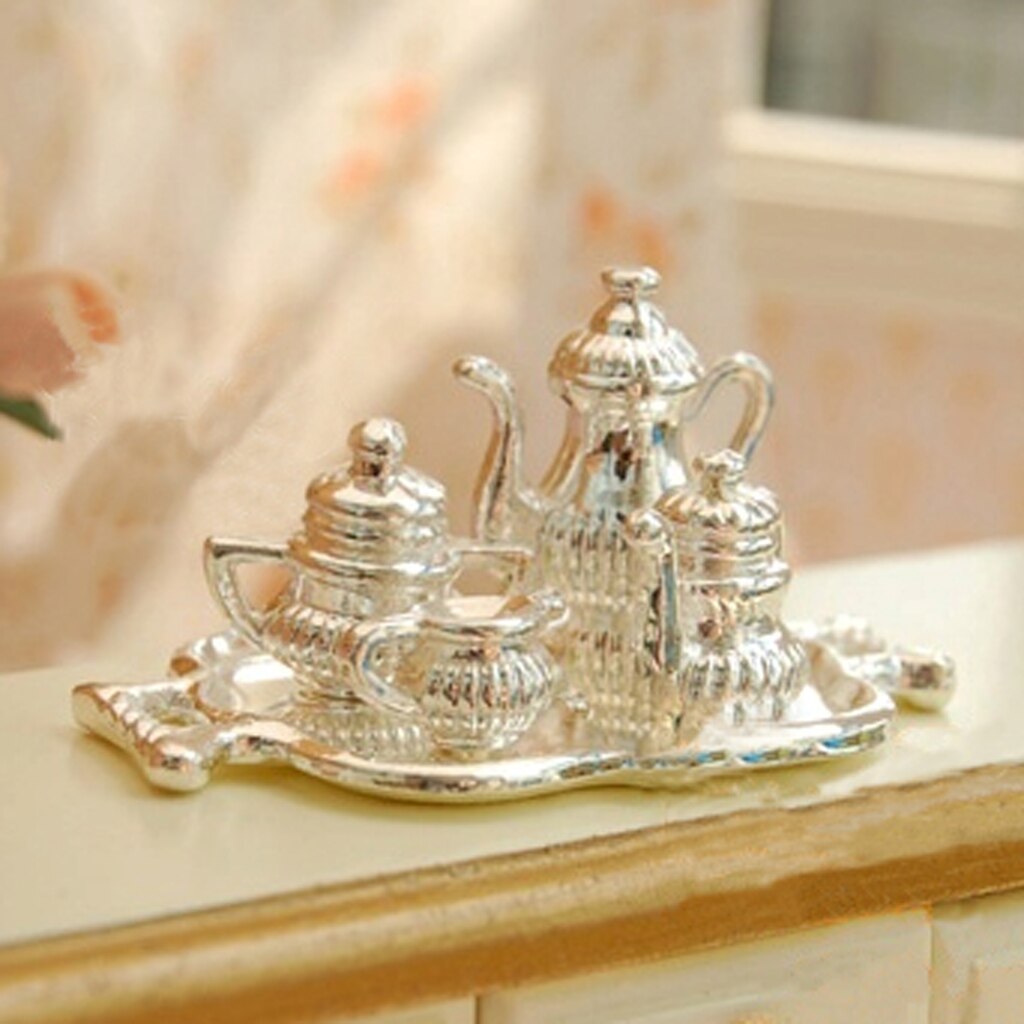 Dolls house Miniature Vintage Silver Tea Coffee Cups Tray Set Tableware 1/12