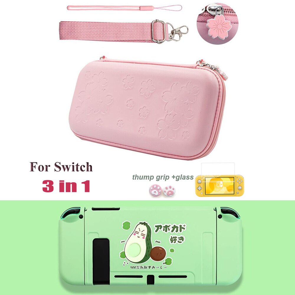 Cute Pink Sakura portable Storage Bag Travel Carry Case Cover for Nintendo switch game Accessories+TPU case: 3 IN 1 D