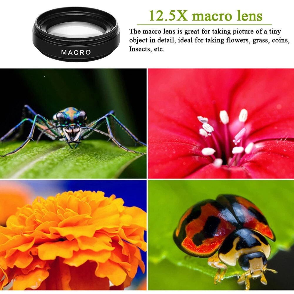 Lente 2 en 1 para teléfono móvil, Macro HD de cámara de gran angular de 0.45x, para iPhone, Huawei, Xiaomi, Samsung, Smartphone, Universal, 12,5x