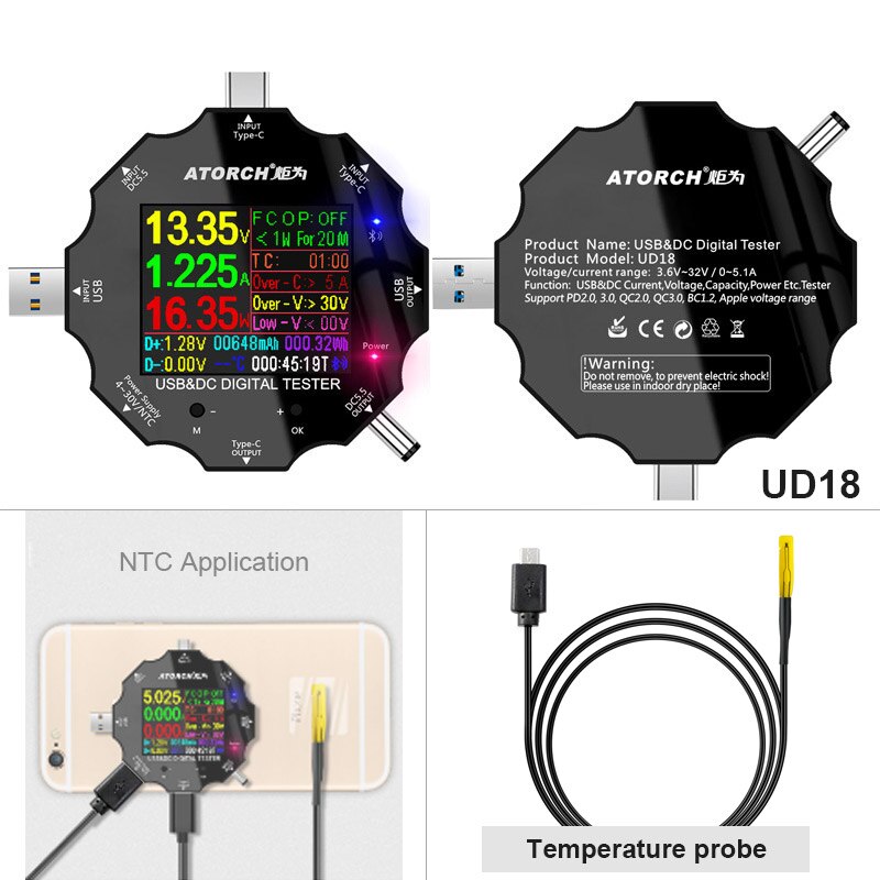 DC5.5 Type-C Usb Tester Digitale Voltmeter Ampèremeter Display Volt Amp Power Bank Meter Iphone E-Test App: add NTC