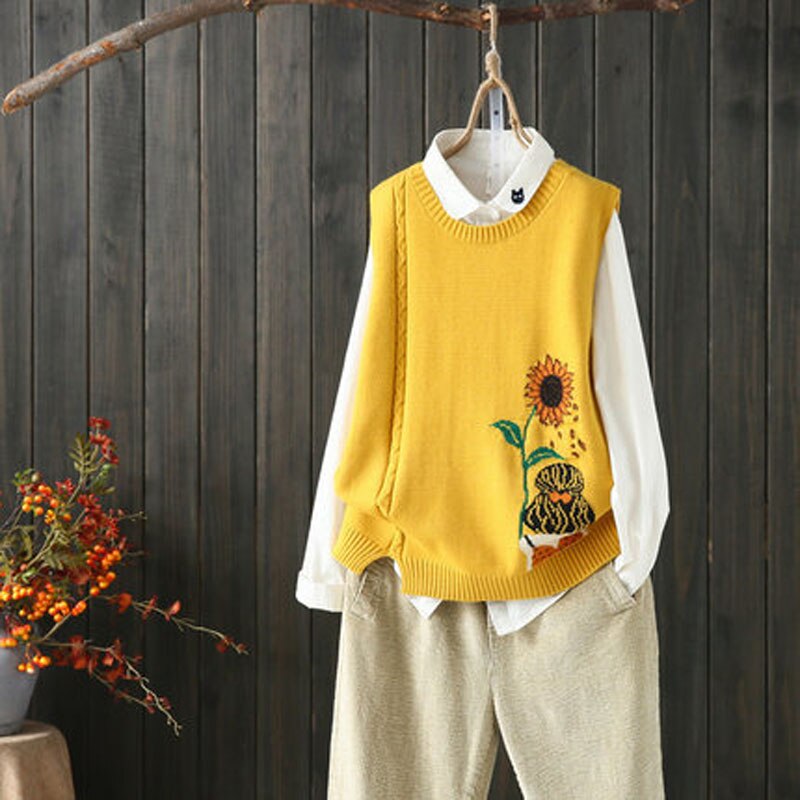 Chaleco con estampado de girasoles y bordado literario para chicas, jerséis tejidos para mujeres, Tops sin mangas, chalecos, jerséis con cuello ovalado informal