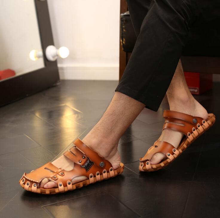Dadijier stil mand sandaler afslappet flade hæle spilit læder mandlige retro strand tøfler herre romerske sommersko  st96