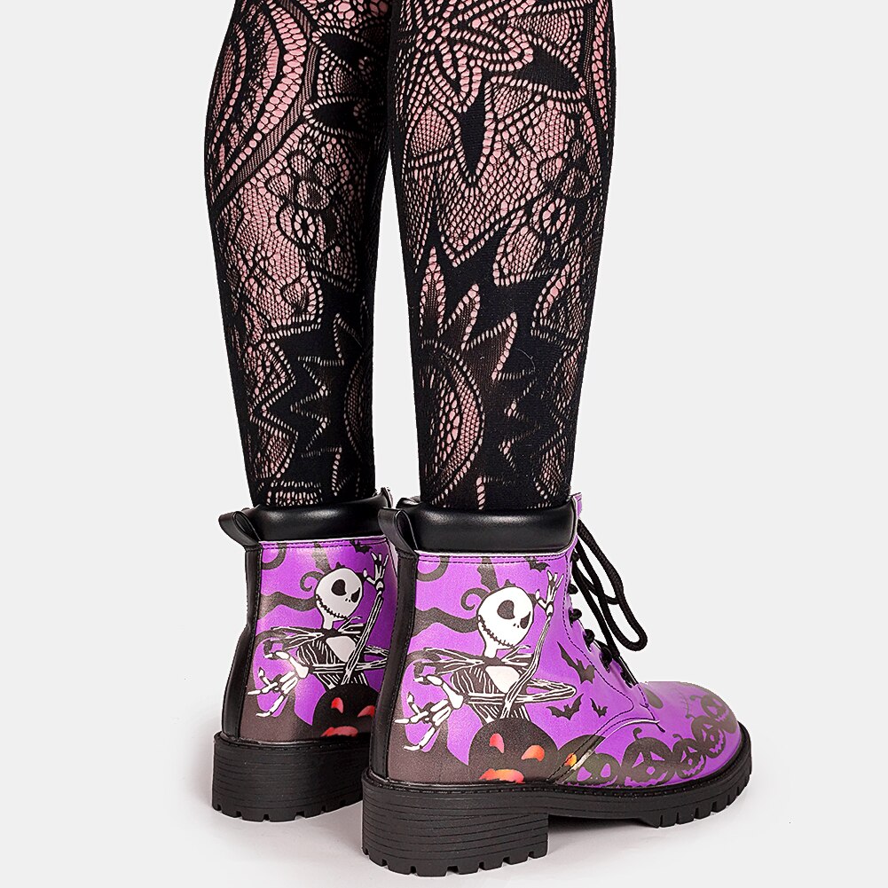 DoraTasia-botines con calavera morada para mujer, botas cortas de tacón grueso para Festival, zapatos de calle informales