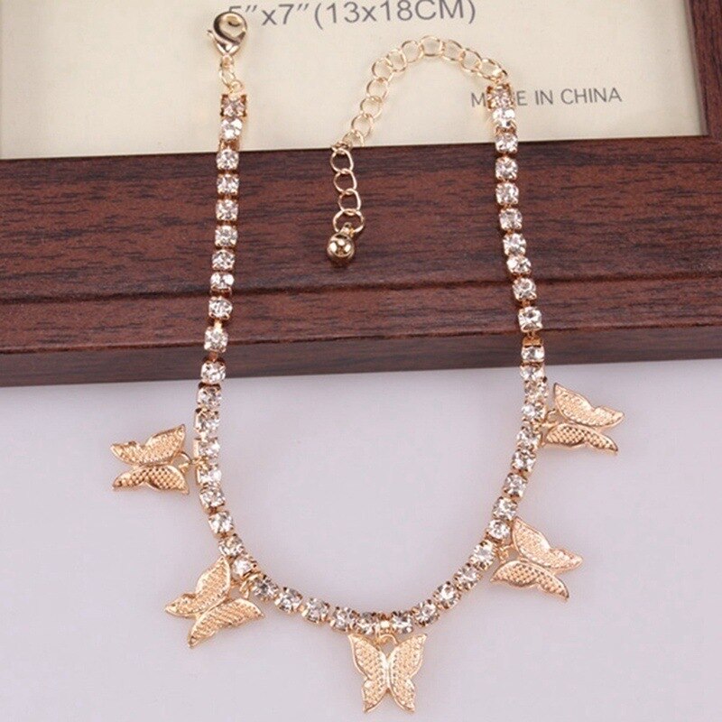 Schattige Kleine Vlinder Charm Enkelband Foot Sieraden Voor Vrouwen Hip Hop Cubaanse Link Chain Iced Out Enkelbandje Vlinder Sieraden