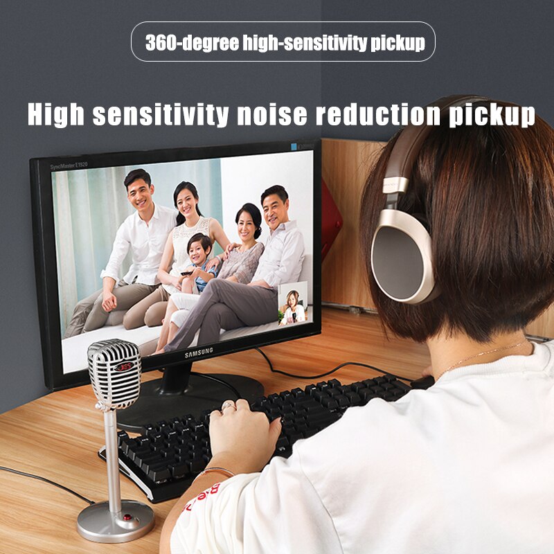 Microphone Wired Studio HD Noise Cancelling Condenser Karaoke Tabletop USB 3.5mm Mircophone for Computer Retro Mic