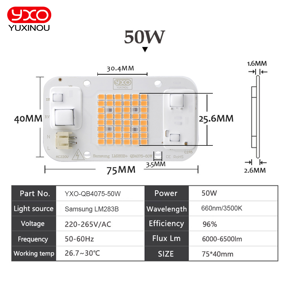 YXO Hydroponice AC 220V 20w 30w 50w Dob Cob LED Grow Light Chip Full Spectrum 380nm-780nm For Indoor Plant Seedling Grow Flower