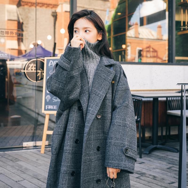 Women's Plaid Hooded Woolen Belt Double-breasted Long Coats main image 1