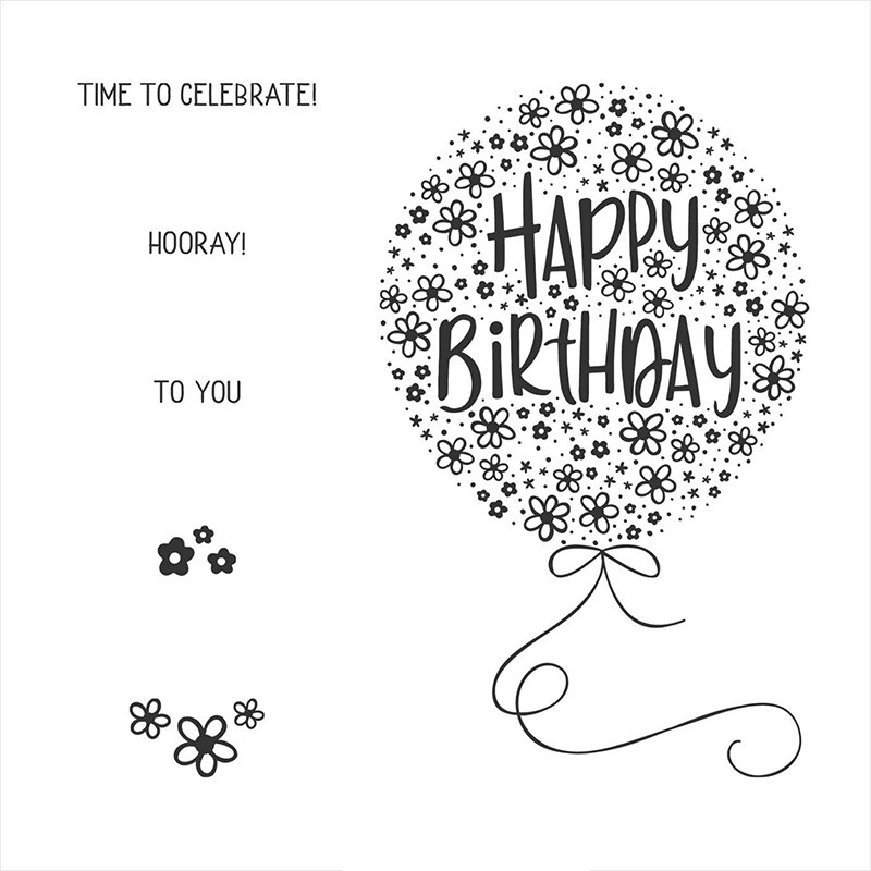 Vier een gelukkige verjaardag met ballonstrik, transparante stempelsets en metalen snijmallen met woorden, scrapbooking voor knutselen, kaarten maken: Postzegels