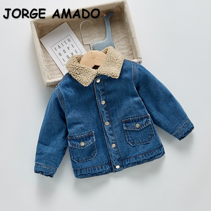 Winter Jas Voor Baby Meisjes Jongens Turn-Down Kraag Fleece Warm Denim Jacket Lange Mouwen Dikke Uitloper Warm kleding E1409