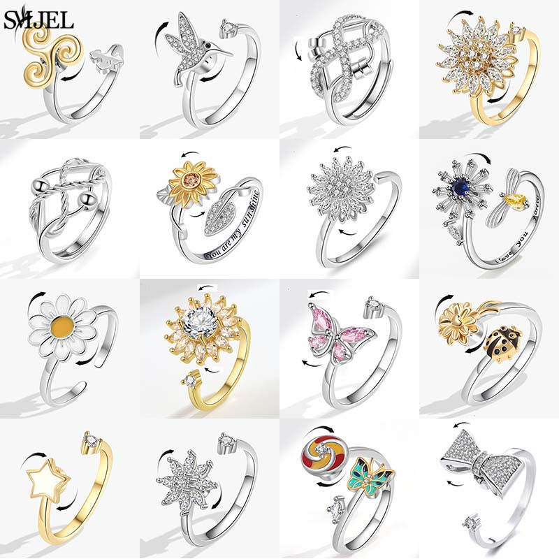 Sunflower Anxiety Ring Fidget Spinner Rings for Women Cute Butterfly Hummingbird Charms Finger Ring Anti Stress Rotate