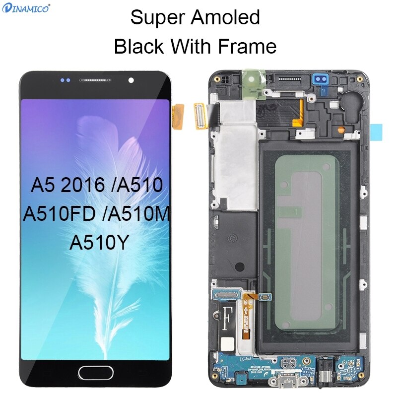 Dinamico A5 2016 wyświetlacz robić Samsung galaktyka A510 Lcd ekran dotykowy wymiana Digitizer zgromadzenie A510M A510F wyświetlacz z ramką: Amoled niebieski z rama