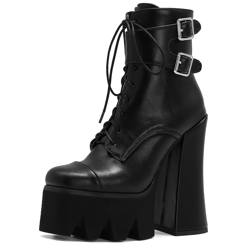 Doratasia sexigt märke dam solida höga klackar snörning ankelboots vinterstövlar kvinnor blockhäl dragkedja svarta skor kvinna: Svart stil 1 / 7.5