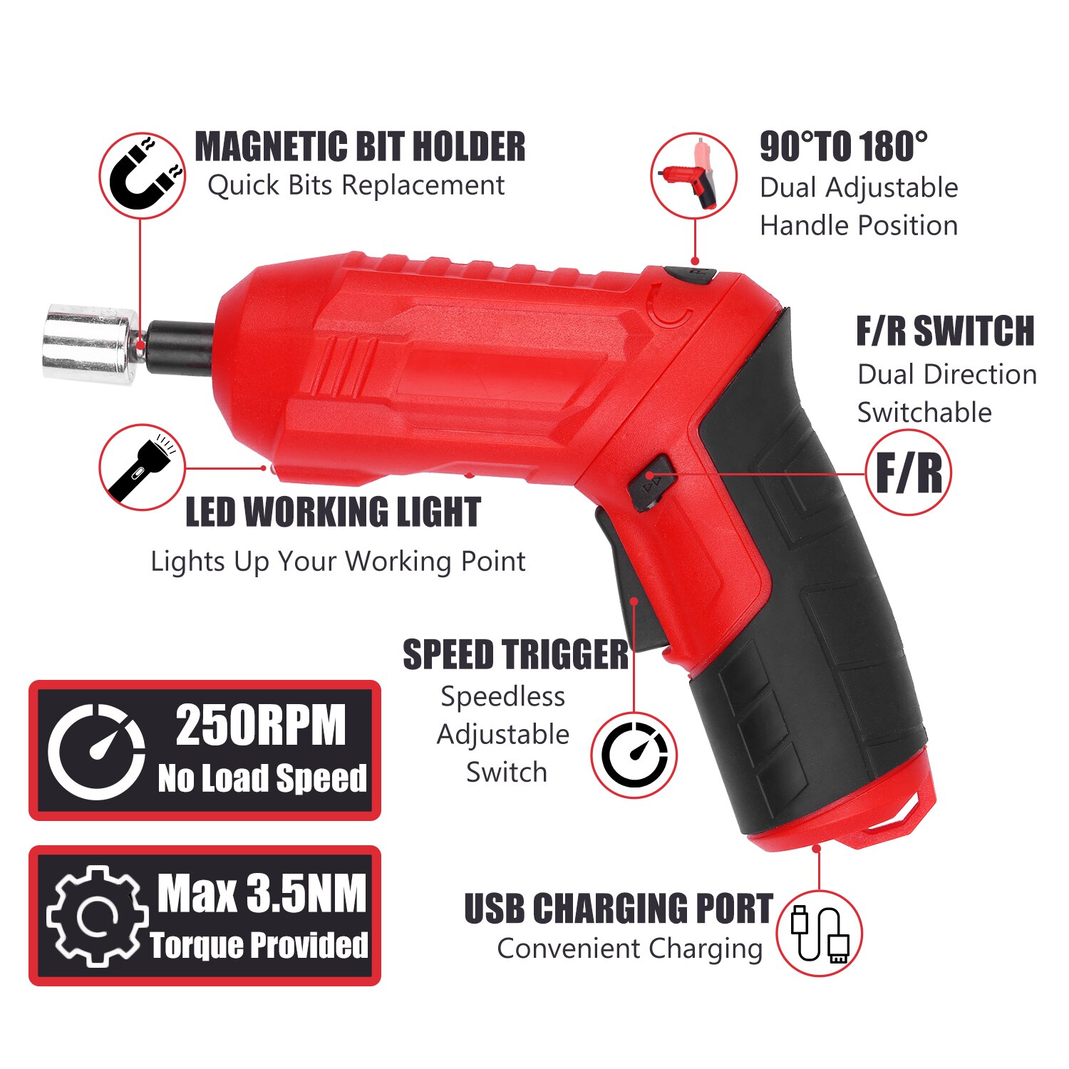 Electric Cordless Screwdriver 47Pcs 3.5Nm Screwdriver Set 3.6 V 1800mAh USB Rechargeable Wrench Front LEDs Adjustable 2 Position