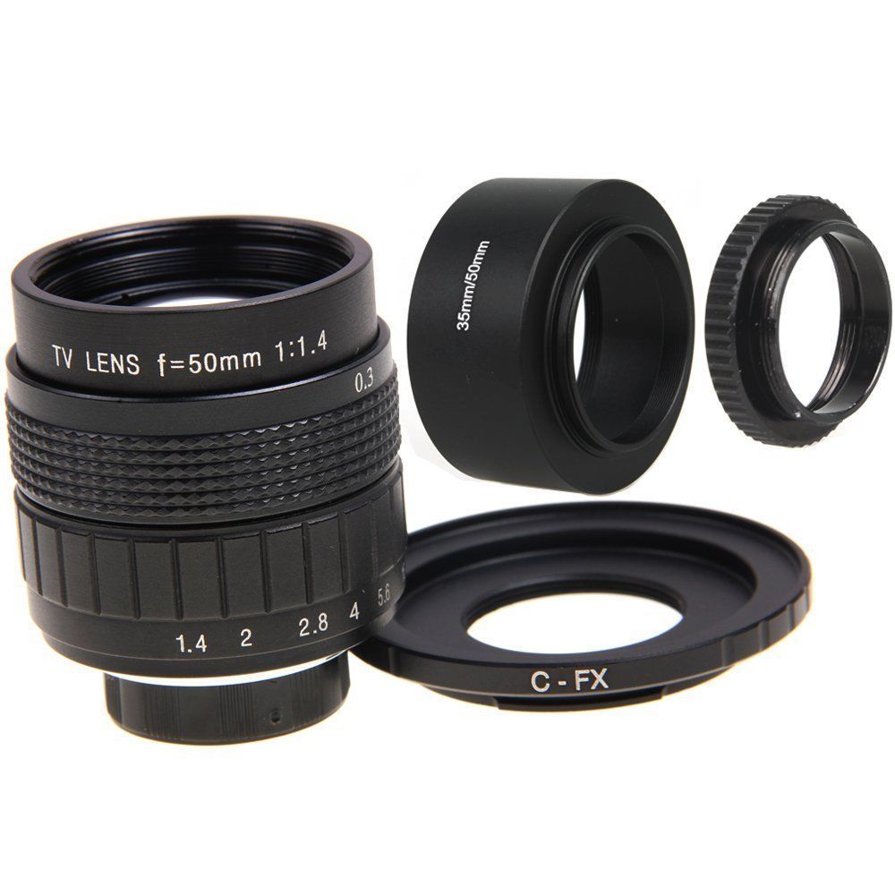 FUJIAN 50mm f/1.4 CCTV F1.4 Lentille + C-FX Monter + Pare-soleil + Bague Macro pour Fujifilm X-A2 X-A1 X-T1 X-T2 X-E2 X-1M X-Pro2 X-Pro1