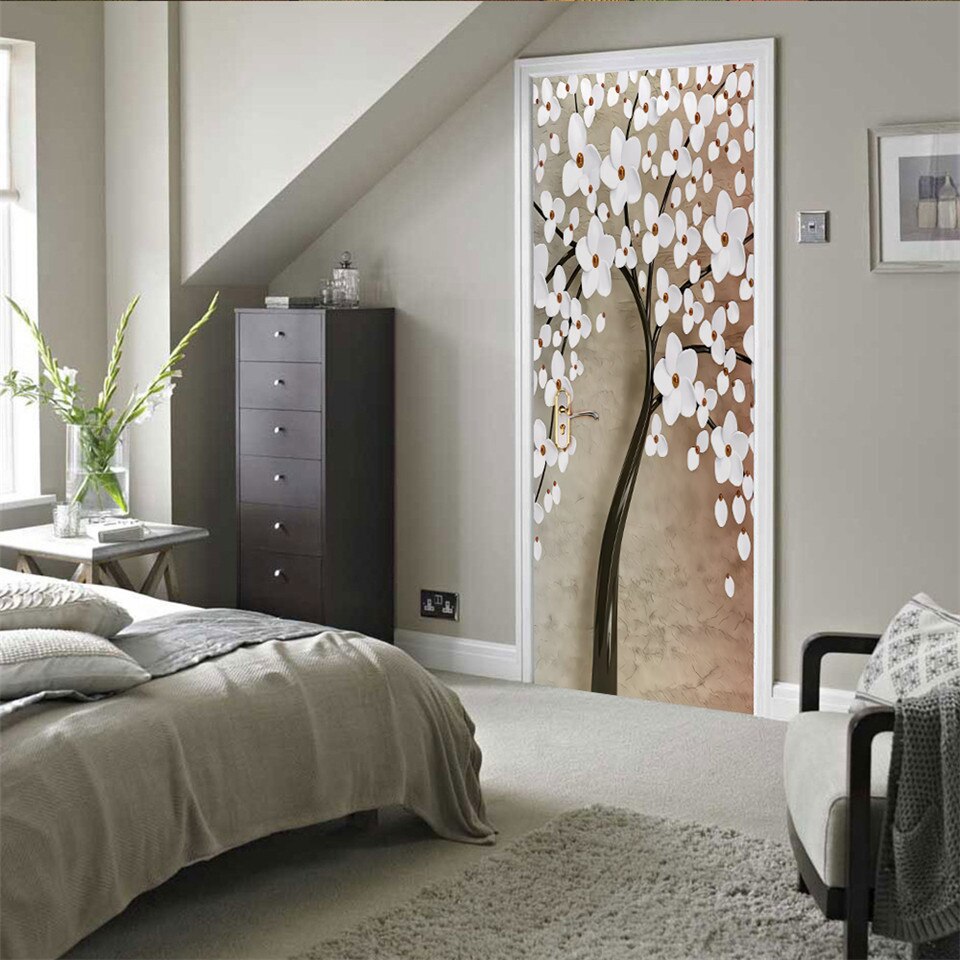 White Flower Door Sticker 3D Self-adhesive PVC DIY Wallpaper For Bedroom Home Art Decoration Door Renovation Poster Wall Decal
