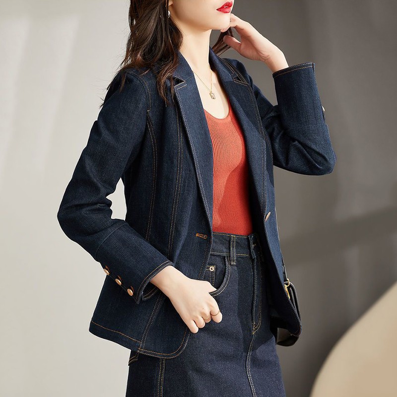 Spring Autumn Denim Blazer Women's Long Sleeved One Button Short Jeans Jacket Ladies Slim Cowboy Coats Outerwear Female