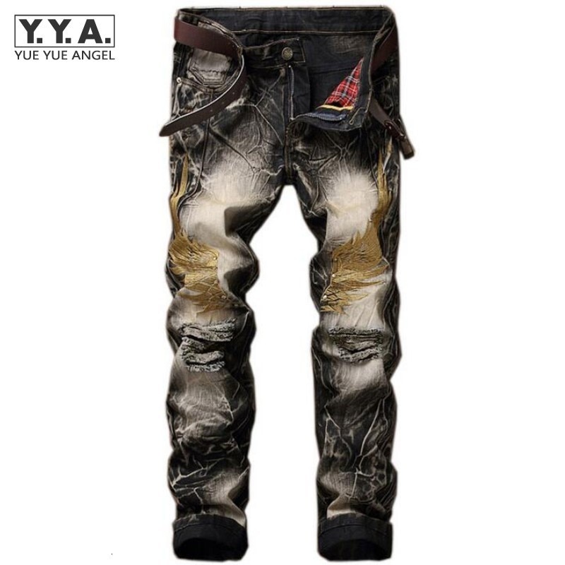 Summer Mens Retro Jeans Ripped Hole Male Slim Fit Denim Trousers Embroidery Wings Biker Jeans Pants Plus Size 42