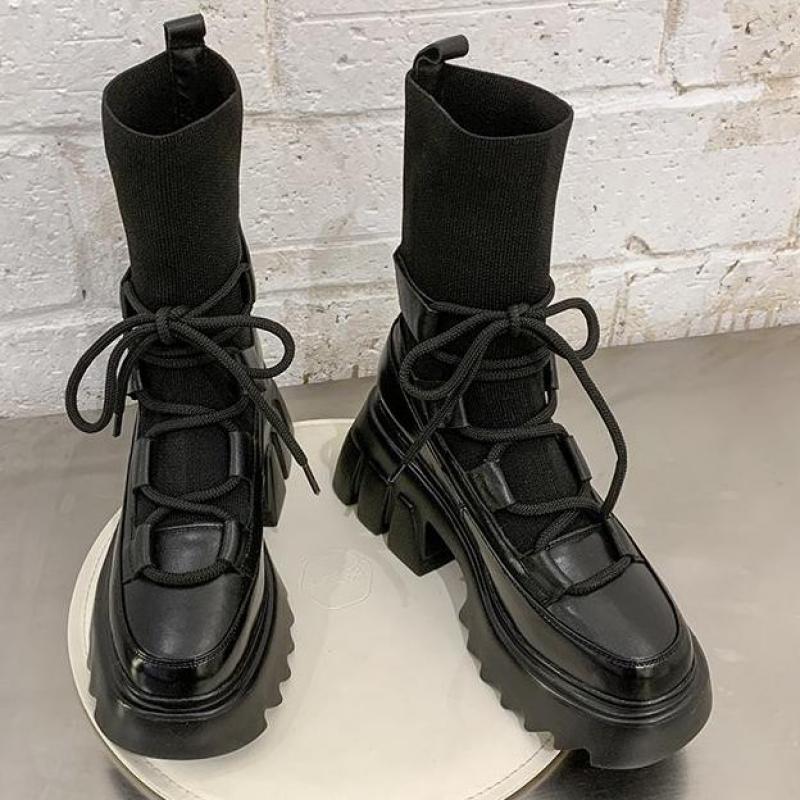 Botas cortas negras de otoño e invierno, nuevos zapatos para mujer, botas de plataforma INS para mujer, tela elástica de tacones gruesos