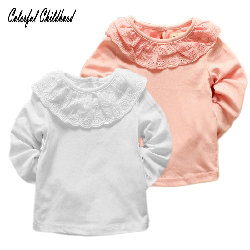 Infancia colorida niñas Camiseta de algodón de cuello de encaje tops de bebé camisetas niños ropa para 0-24 meses vestido infantil