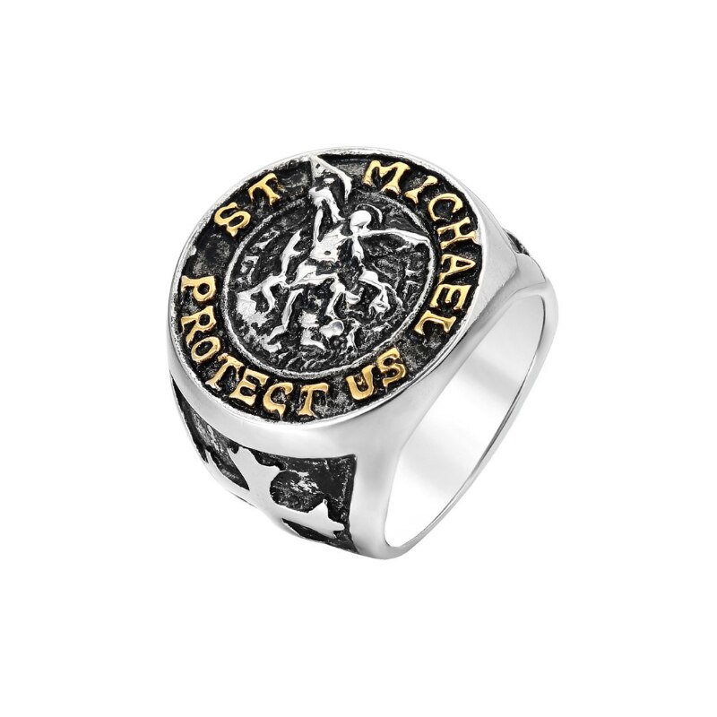 Personality Cross St. Michael Signet Ring Men Boys Stainless Steel Good Lucky Talisman Religious Biker Ring Jewelry: 9 / Gold