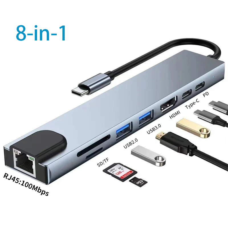 USB C HUB Type C Splitter Thunderbolt 3-dockingstation Laptopadapter met voor Macbook Air M1 iPad Pro: GRIJS